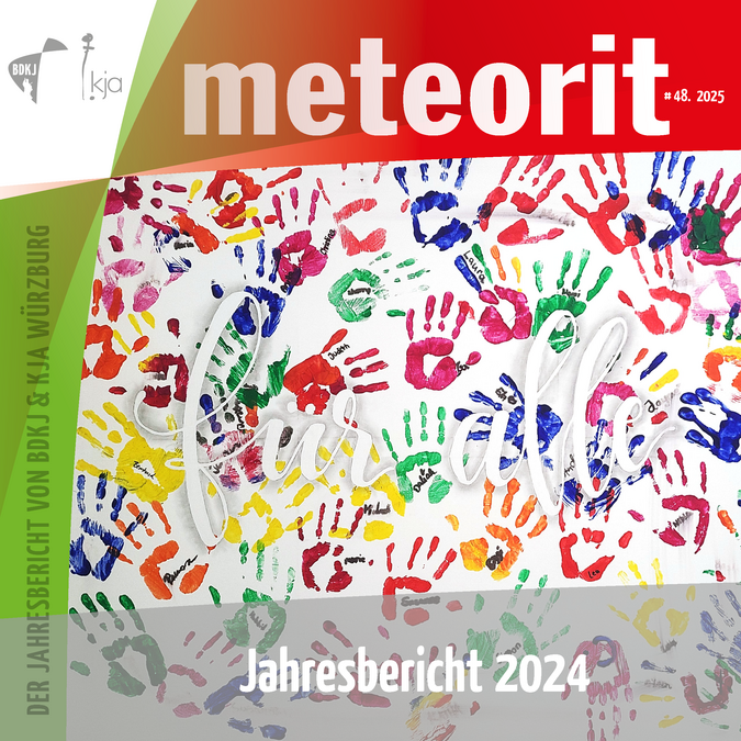 Bunte Hände auf weißem Hintergrund Schrift meteorit Jahresbericht 2024